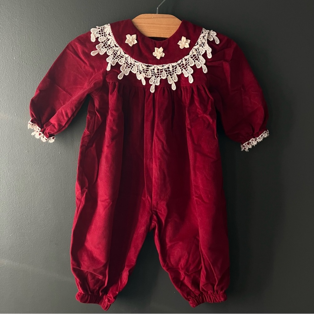 Vintage Velvet Baby Romper with Lace Collar Made in Canada by Bundle of Joy